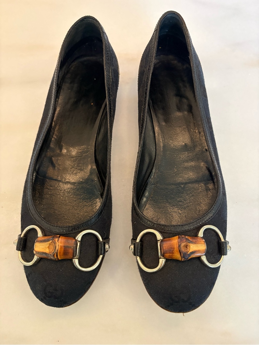 Gucci Black Canvas Ballet Flats with Bamboo and Silver Hardware